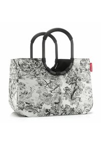 Zwart-witte schoudertas met een bloemenprint, gemaakt van soepel materiaal. Beschikt over dubbele zwarte ronde handvatten en een stevig rechthoekig ontwerp.