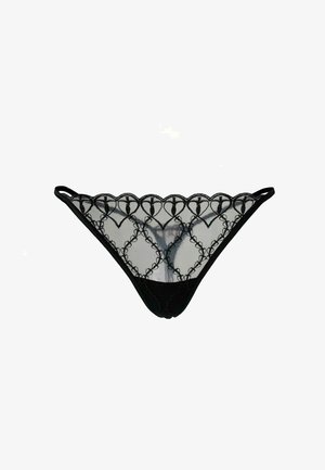 Schwarzer Spitzen-Tanga mit gewelltem Rand, versehen mit Floralstickmustern, halbtransparentem Mesh und dünnen elastischen Trägern.