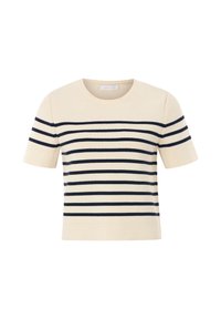 Pull court à manches courtes crème avec des rayures horizontales bleu marine. Il dispose d'un col rond et de bords côtelés aux poignets et à l'ourlet. Fabriqué à partir d'un tissu en tricot doux.
