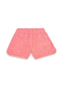 Lyserøde shorts i frotté med elastisk talje, løs pasform og afrundet kant, vist fladt mod en hvid baggrund.