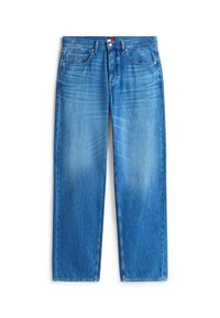 Denim jeans in light blue, featuring a straight leg cut, five pockets, subtle fading, and a small brand label on the waistband.