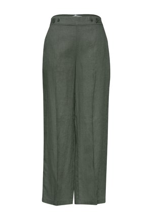 Pantalones anchos de talle alto en verde oliva con cintura abotonada y plisados delanteros, hechos de tela ligera.