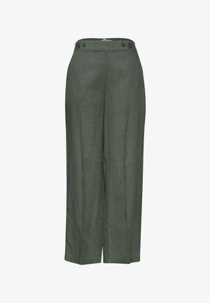 Spodnie z szerokimi nogawkami w kolorze oliwkowej zieleni z wysokim stanem, zapinane na guziki w pasie i z wcześniejszymi zakładkami z przodu, wykonane z lekkiego materiału.