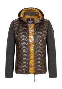 Braune gepolsterte Jacke mit strukturiertem Vorderteil, grauen Ärmeln und gelbem Innenfutter. Verfügt über eine Kapuze und Reißverschlusstaschen.