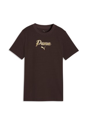 Brązowy t-shirt Puma z krótkim rękawem, z okrągłym dekoltem oraz żółtym logo i napisem Puma na piersi.