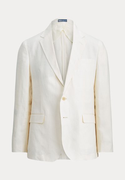 Off-white enkeltknappet blazer med hakkede revers, to forlommelommer og en brystlomme, vist mod en ensfarvet baggrund.