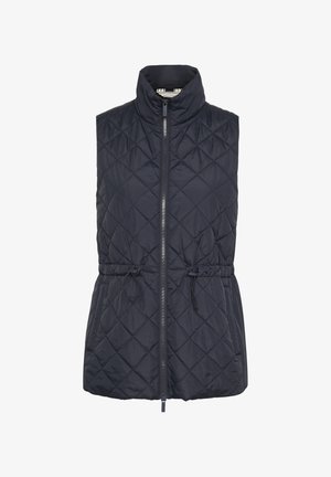 Marineblå quiltet vest med høj krave, frontlynlås og justerbar snor i taljen, med et glat og let stof.