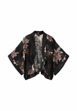 Veste noire style kimono à motifs floraux, avec manches larges et devant ouvert, présentant de grands motifs de fleurs roses et beiges.