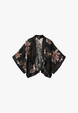 Veste noire style kimono à motifs floraux, avec manches larges et devant ouvert, présentant de grands motifs de fleurs roses et beiges.