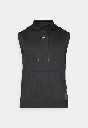 Sleeveless black hoodie made of soft fabric, featuring a front pocket, drawstring hood, and white logo detail on chest.