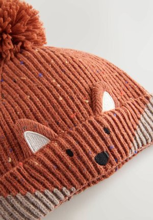 Orange knitted beanie with ribbed texture, featuring a fox face, white ear accents, and a pom-pom at the top. Gray band at the bottom.