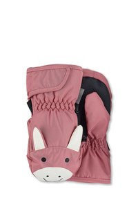 Kinderhandschuhe aus weichem, pinkfarbenem Stoff mit flauschiger Textur. Mit einem weißen Tiergesicht und Ohren sowie schwarzen Akzenten. Verstellbarer Bündchen.