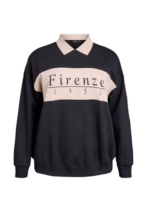 Sweatshirt featuring a black body, beige horizontal stripe with "Firenze 1951" text, and a polo collar. Soft fabric with ribbed cuffs and hem.