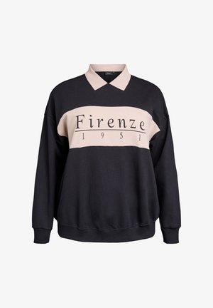 Sweatshirt med svart kropp, beige horisontell rand med texten "Firenze 1951" och polo-krage. Mjukt tyg med ribbstickade ärmslut och nederkant.