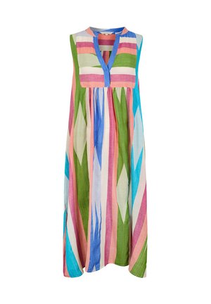 Vestido sin mangas hasta el tobillo con rayas verticales y horizontales en verde, rosa, azul y blanco, con un escote en V con borde azul.