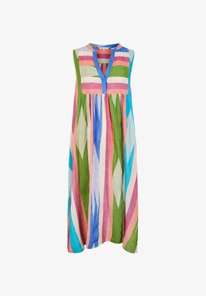 Vestido sin mangas hasta el tobillo con rayas verticales y horizontales en verde, rosa, azul y blanco, con un escote en V con borde azul.