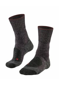 Szare, teksturowane skarpetki z prążkowanym ściągaczem, wyściełanym piętą i palcami oraz małym czerwonym logo po boku, zaprojektowane z myślą o komforcie i trwałości.