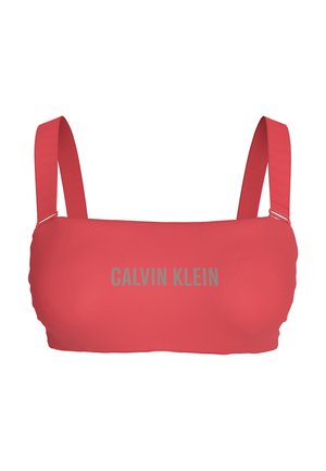 Haut de bikini bandeau rouge Calvin Klein avec bretelles ajustables et texte logo argenté centré à l'avant.