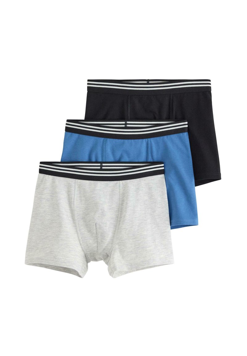Herrars boxer shorts i grått, blått och svart; bomullsmix med elastisk midjeband som har svart och vit rand.