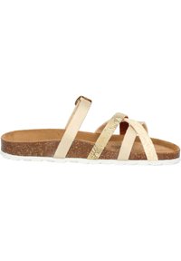 Sandalo beige con tre cinghie incrociate, una delle quali presenta dettagli metallici dorati. Sottopiede in sughero, suola in gomma bianca, tomaia testurizzata.