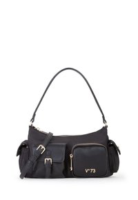 Borsa nera realizzata in nylon con una tasca in pelle texture. Caratterizzata da una tracolla, dettagli dorati e numerose tasche esterne.