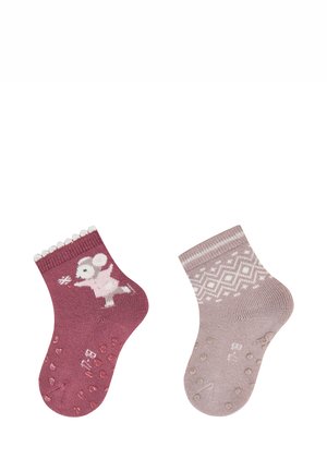Two baby socks, one maroon with a white mouse and flower design, the other light pink with geometric patterns and non-slip dots on soles.