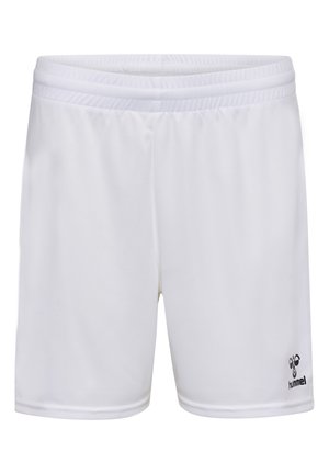 Witte sportshorts van glad, lichtgewicht materiaal met een elastische tailleband en een zwart "hummel" logo op de onderzijde van het linkerbovenbeen.