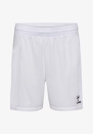 Weiße sportliche Shorts aus glattem, leichtem Material mit einem elastischen Bund und einem schwarzen "hummel"-Logo am unteren linken Bein.