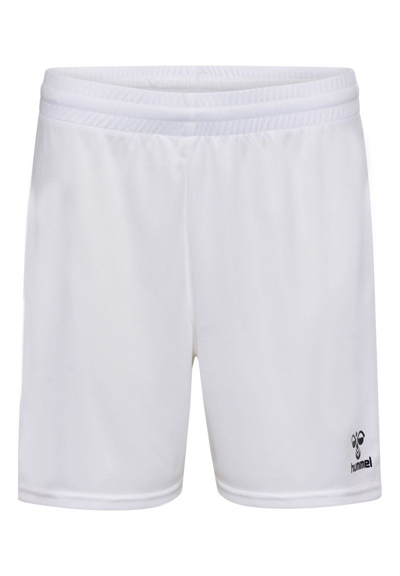 Vita sportshorts gjorda av ett mjukt, lätt material med elastisk midja och en svart "hummel"-logotyp på nedre vänstra benet.
