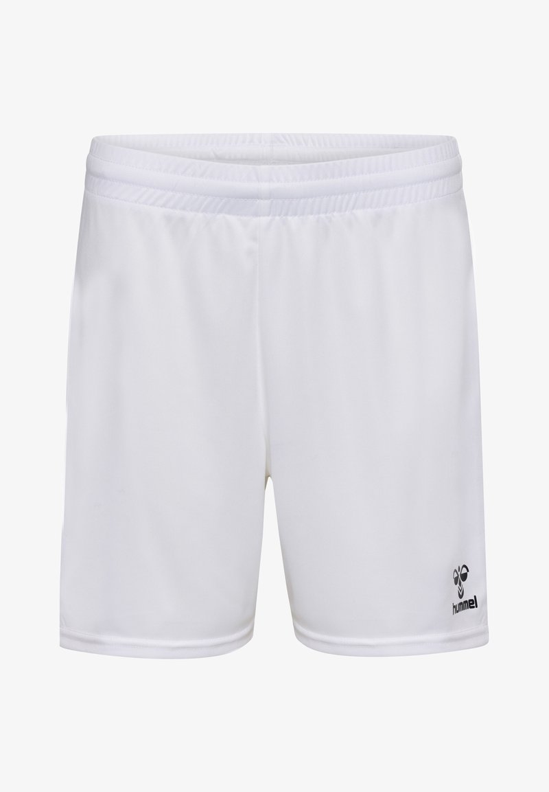 Weiße sportliche Shorts aus glattem, leichtem Material mit einem elastischen Bund und einem schwarzen "hummel"-Logo am unteren linken Bein.