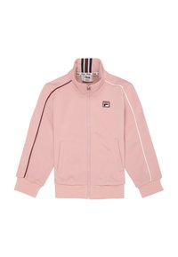 Rosa zip-up jacka i slät tyg, med ståkrage, sidofickor och kontrasterande ränder längs ärmarna. Fila-logotyp på bröstet.
