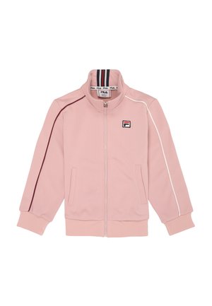Rosa zip-up jacka i slät tyg, med ståkrage, sidofickor och kontrasterande ränder längs ärmarna. Fila-logotyp på bröstet.