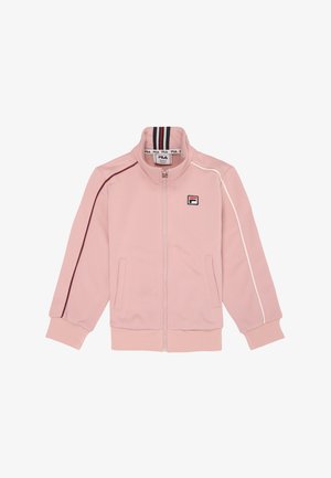 Giacca rosa con zip realizzata in un tessuto liscio, dotata di colletto rialzato, tasche laterali e righe a contrasto lungo le maniche. Logo Fila sul petto.