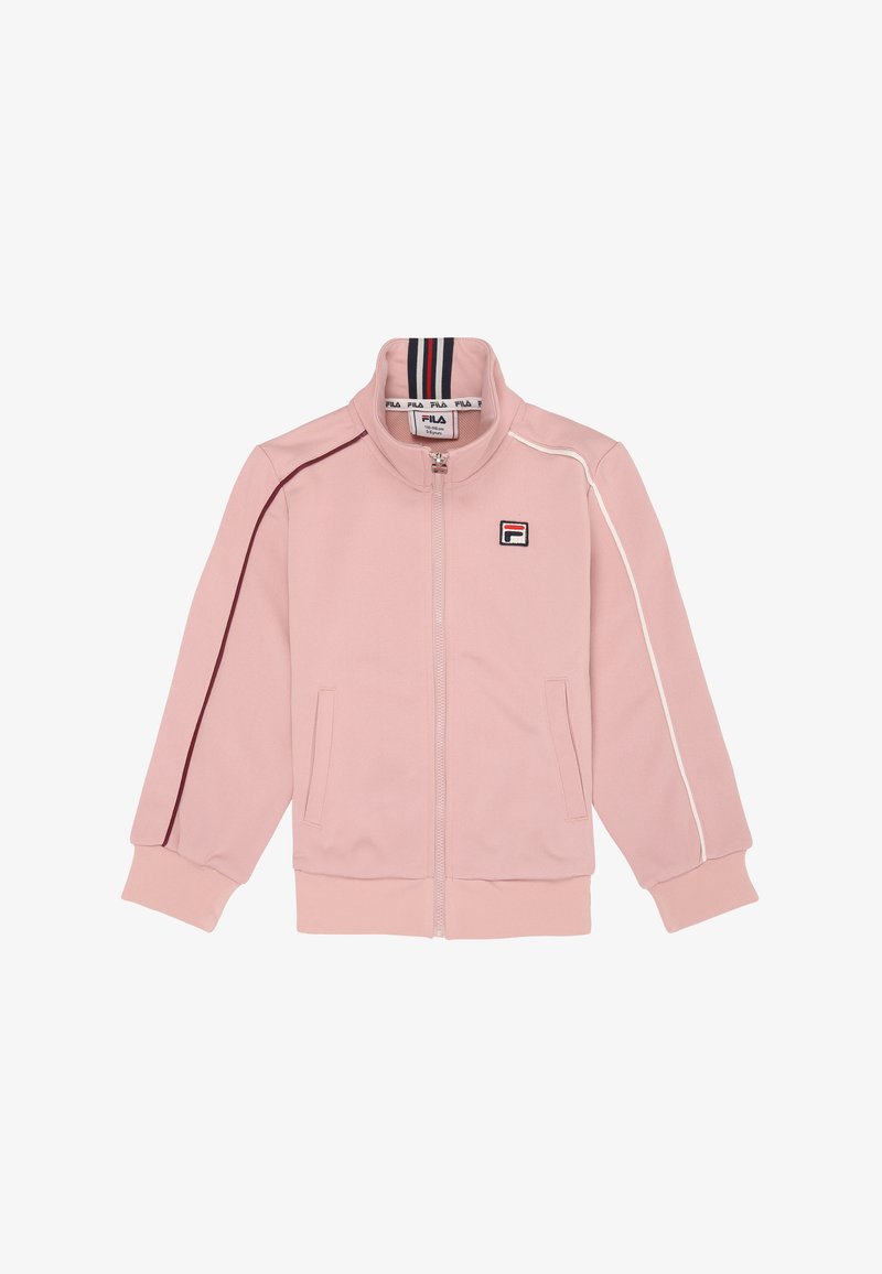 Roze zip-up jack van gladde stof, met een staande kraag, zijzakken en contrasterende strepen langs de mouwen. Fila-logo op de borst.