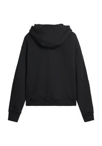 Sudadera negra con capucha y mangas largas, con un diseño cropped, fabricada en un tejido suave y con puños y dobladillo acanalados. Sin logotipos ni patrones visibles.