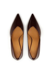 Pár lesklých tmavohnedých balerín s špičatou špičkou pre ženy s béžovými stielkami, vystavené vedľa seba na bielom pozadí.