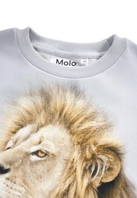 Grauer Kapuzenpullover mit einem detaillierten Löwengrafik auf der Vorderseite. Runder Halsausschnitt, gerippte Bündchen und weiche Textur. Größenetikett sichtbar im Inneren.