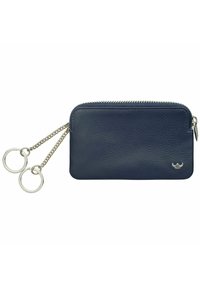 Portefeuille en cuir bleu marine avec fermeture éclair, deux porte-clés à chaîne et un petit logo en métal à l'avant. Texture lisse et forme rectangulaire.