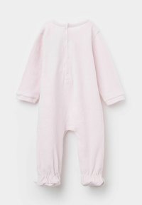 Jasnoróżowy bawełniany kombinezon z długimi rękawami, zapięcie na napy z tyłu oraz elastyczne mankiety przy kostkach dla lepszego dopasowania.