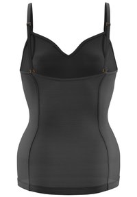 Camisole nera aderente con spalline regolabili, decolleté a V profondo e lati senza cuciture. Realizzata in tessuto liscio con una leggera lucentezza.