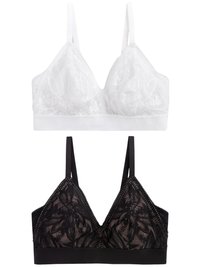 Twee bralettes: de bovenste is van witte kant met een bloemmotief en verstelbare bandjes; de onderste is van zwart kant met bloemaccenten en een solide band.