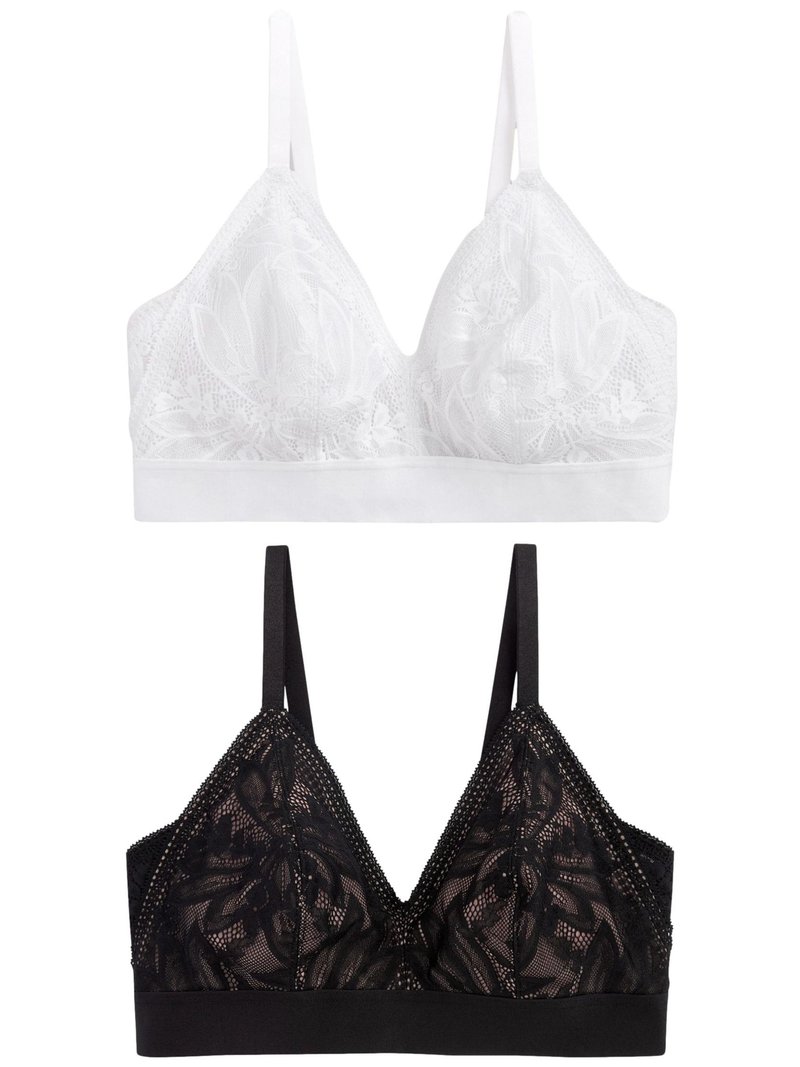 Twee bralettes: de bovenste is van witte kant met een bloemmotief en verstelbare bandjes; de onderste is van zwart kant met bloemaccenten en een solide band.