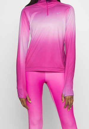 Nike langärmeliges pinkes Oberteil und Leggings mit Farbverlauf-Design, gefertigt aus glattem, dehnbarem Stoff. Verfügt über einen Viertelreißverschluss-Kragen und eine figurbetonte Silhouette.