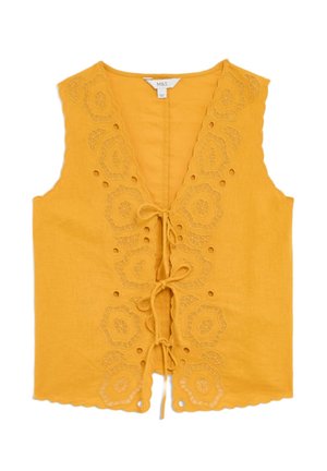 Gelbe ärmellose Bluse mit gesticktem Blumendesign und Aussparungen, mit vorn gebundenem Verschluss und gewelltem Saum.