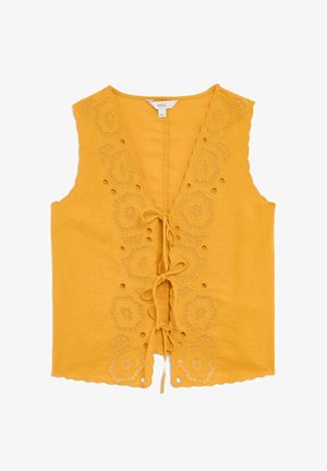 Blusa sin mangas amarilla con diseño floral bordado y detalles con cortes, que presenta un cierre delantero atado y un dobladillo con ondas.