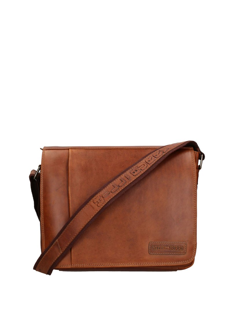 Borsa a tracolla in pelle marrone con forma rettangolare, dotata di una tracolla testurizzata e di una toppa con logo sul fronte.