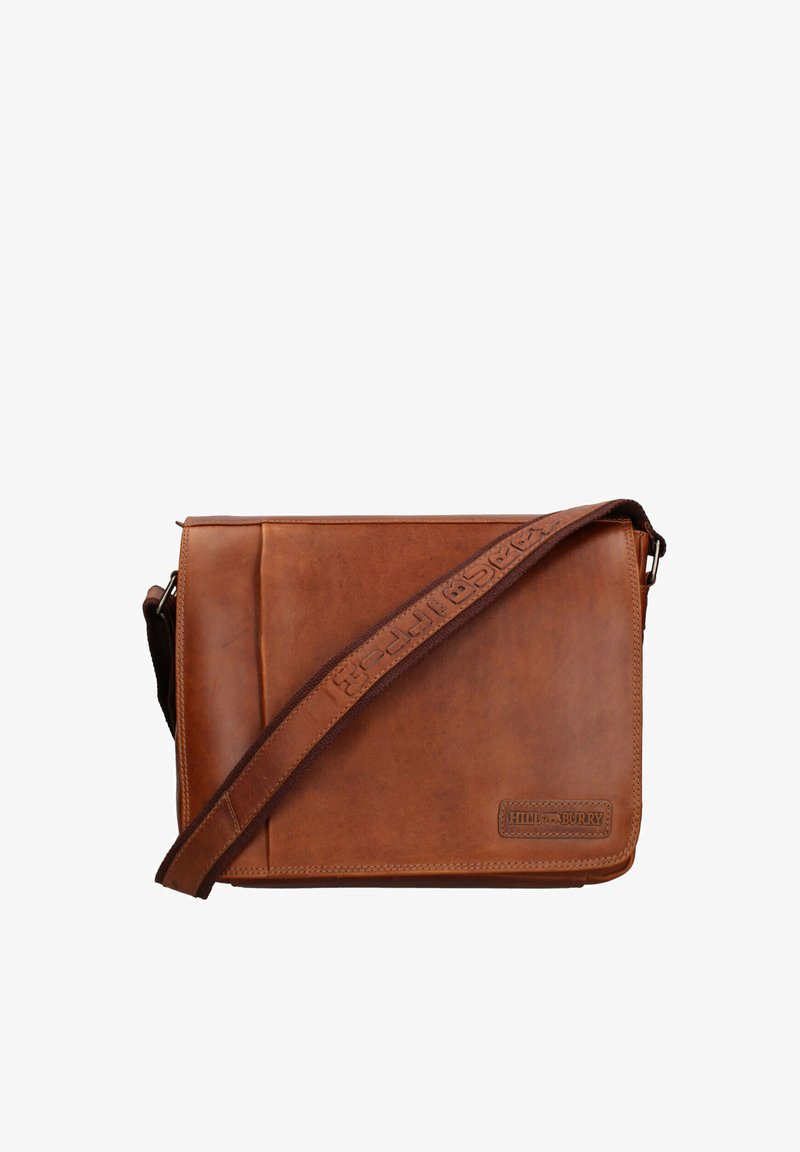 Borsa a tracolla in pelle marrone con forma rettangolare, dotata di una tracolla testurizzata e di una toppa con logo sul fronte.