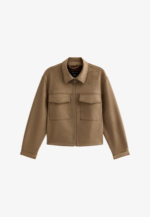 Braune Wildlederjacke mit Kragen, Frontreißverschluss und zwei Brusttaschen. Sie verfügt über einen lockeren Schnitt und lange Ärmel für einen lässigen Look.