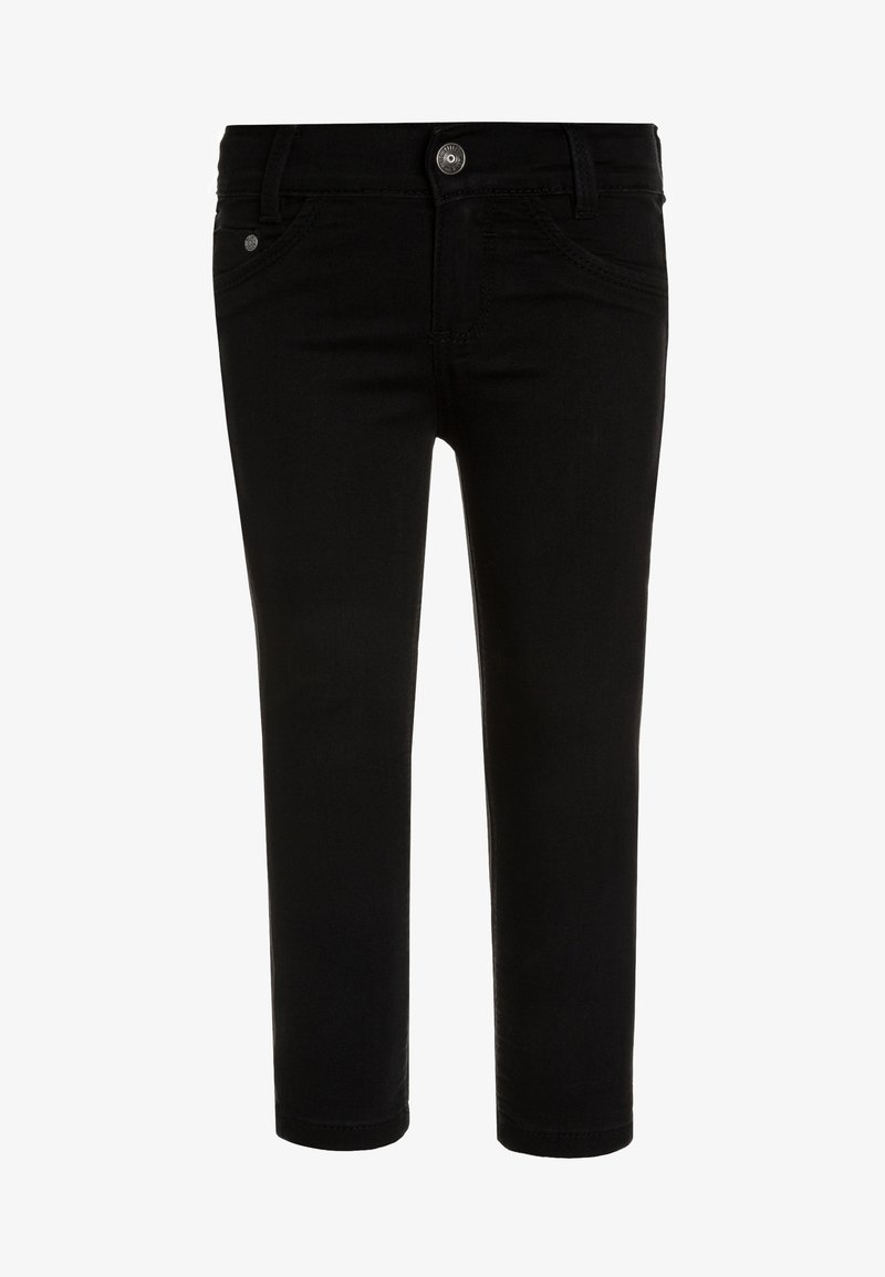 Jean noir slim pour enfants avec bouton à l’avant, fermeture éclair et design à cinq poches.