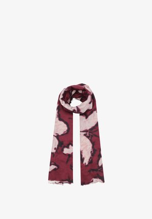 Scarf color bordeaux e blush con motivi astratti. Tessuto morbido, forma rettangolare e bordi sfrangiati. Progettata per essere indossata avvolta o drappeggiata.